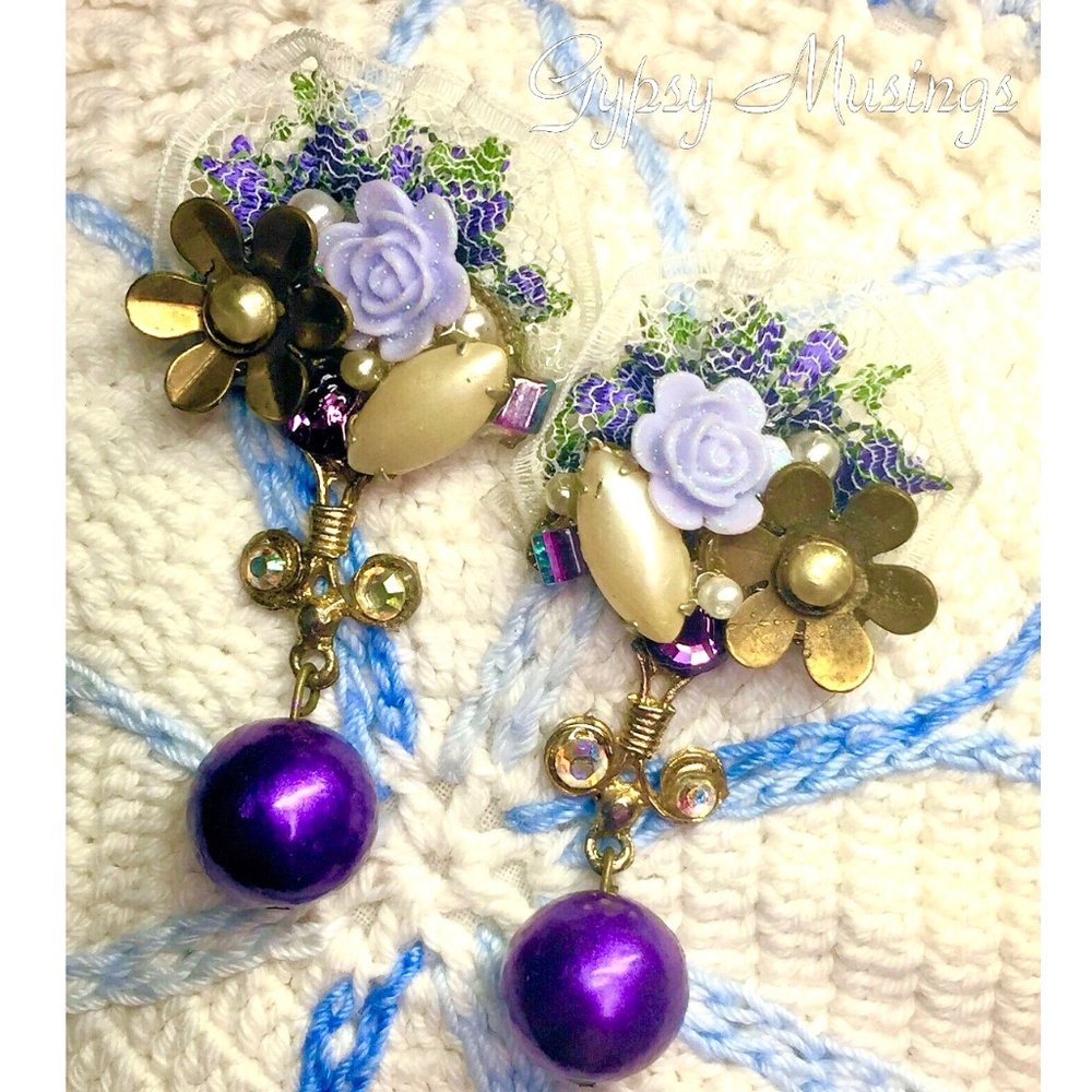 OOAK Victorian Purple Floral Lace Pearl Rhinestone Assemblage Pierced Earrings